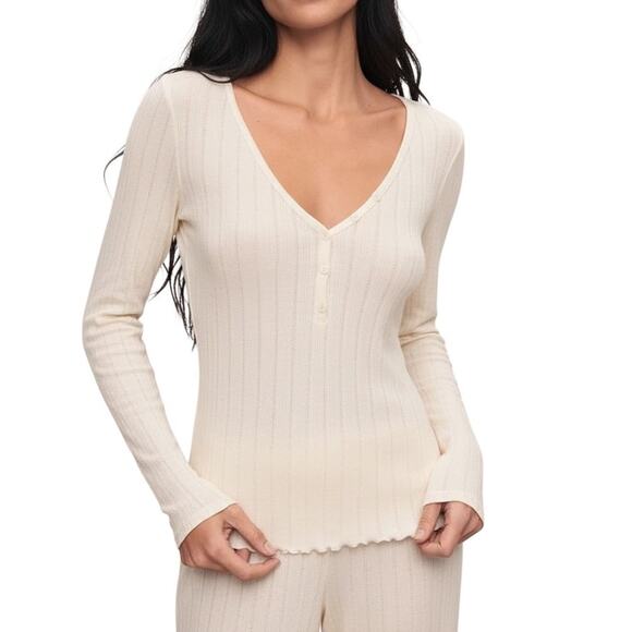 Eberjey Pointelle V-Neck Henley Pajama Top Women’s Ivory Medium Cotton Modal NWT - Picture 1 of 8